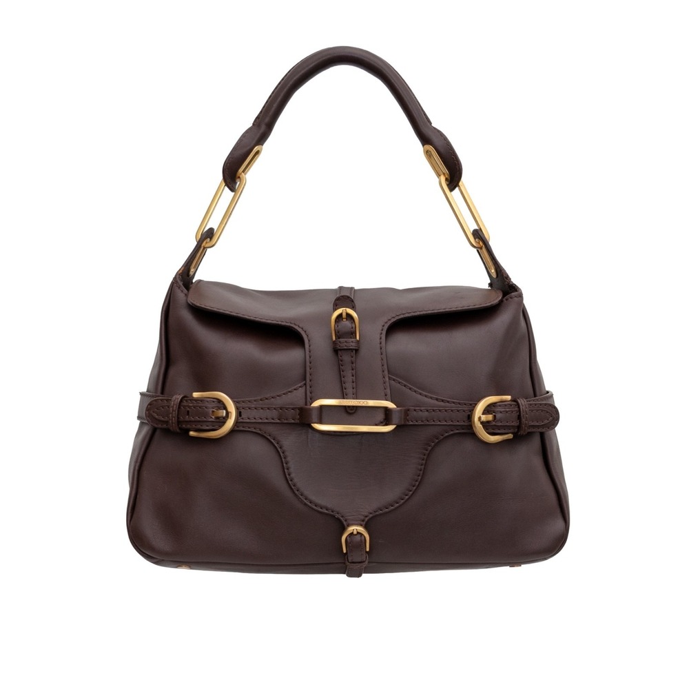 $1770 MRP Jimmy Choo Tulita Brown Calfskin Leather Shoulder Bag Gold Hardware